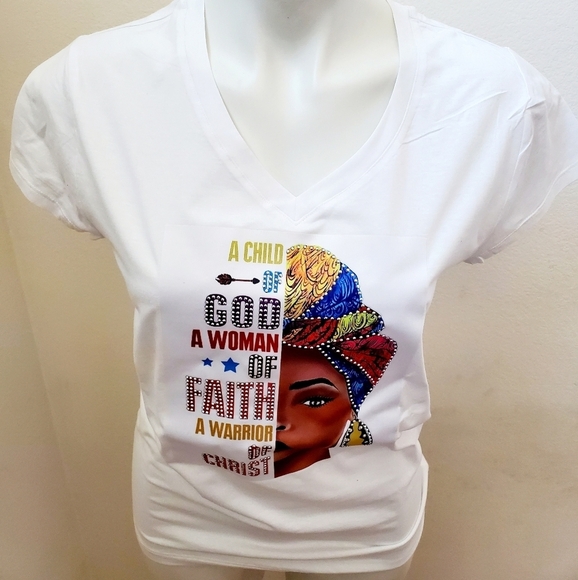 Women "A Child Of God" Graphic White V-Neck T-Shirt Print Size XL - Picture 5 of 7